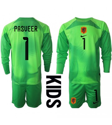 Holland Remko Pasveer #1 Målmand Hjemmebanesæt Børn VM 2022 Lange ærmer (+ korte bukser)